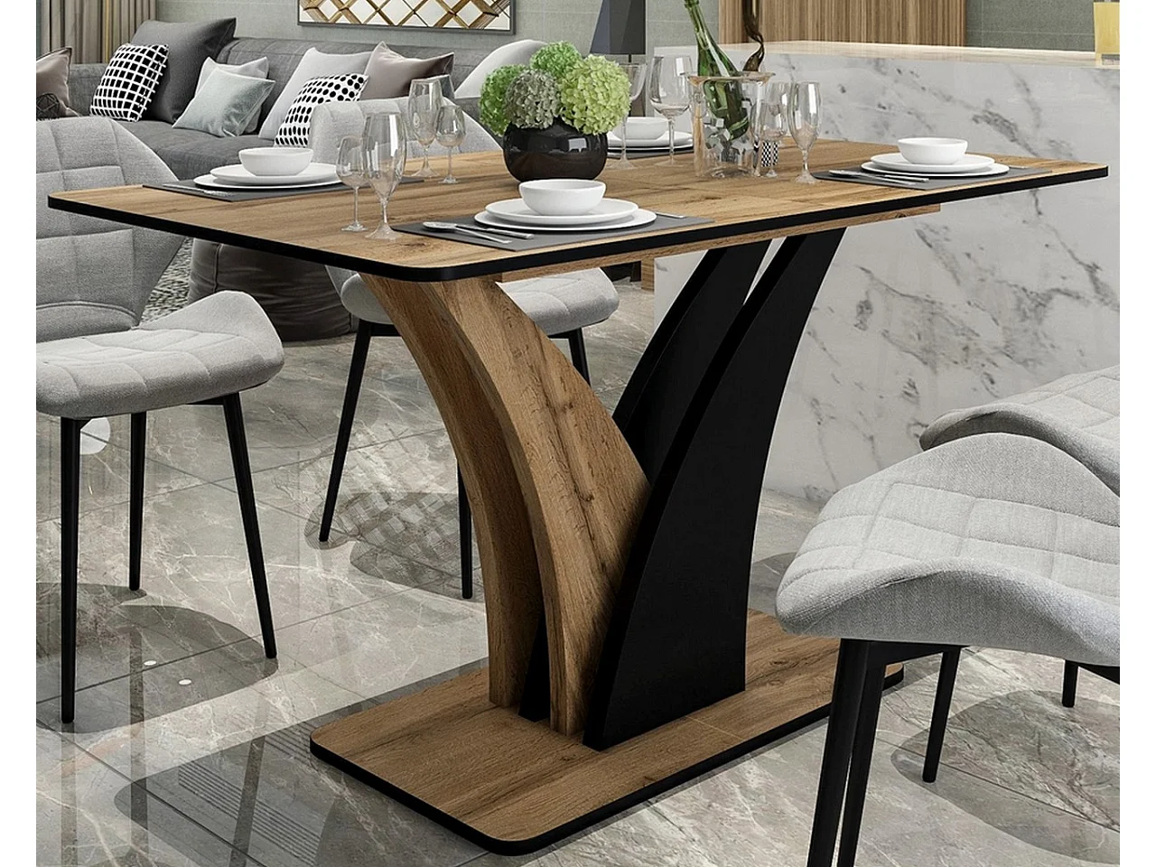 Mesa extensible Cassandra 120-160 cm negra y aspecto roble