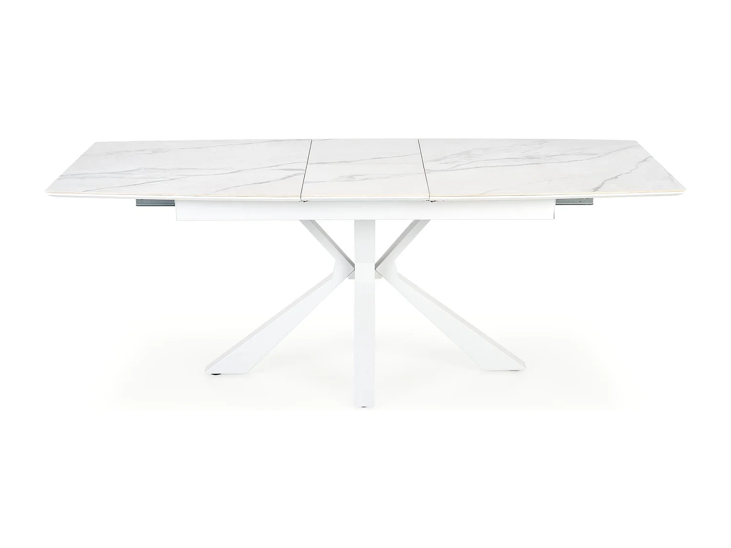 Mesa extensible contemporánea con tablero de aspecto mármol y pata central de diseño metálico blanco HORN