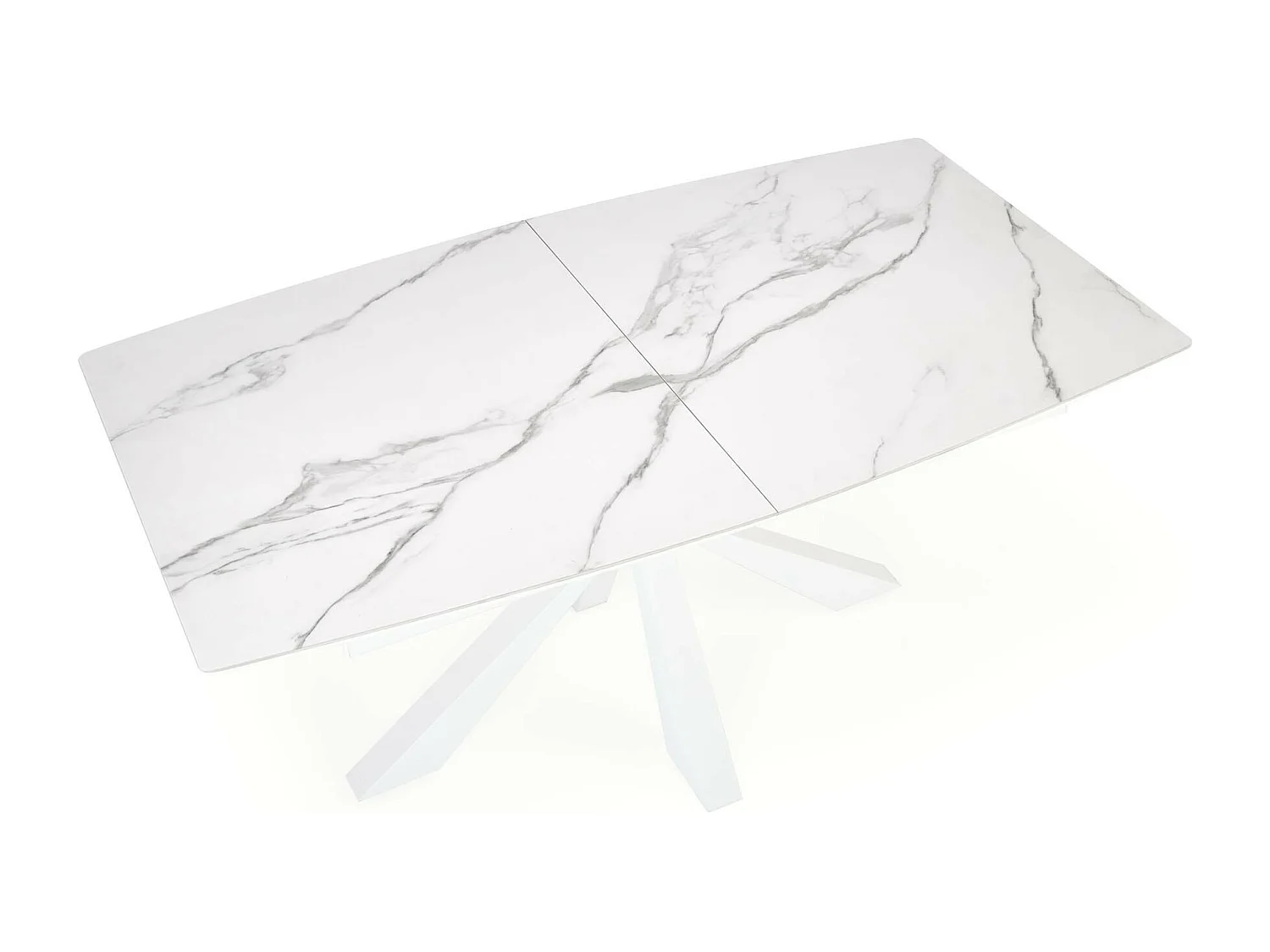 Mesa extensible contemporánea con tablero de aspecto mármol y pata central de diseño metálico blanco HORN