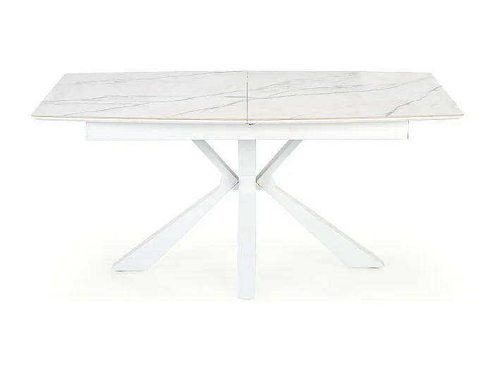 Mesa extensible contemporánea con tablero de aspecto mármol y pata central de diseño metálico blanco HORN