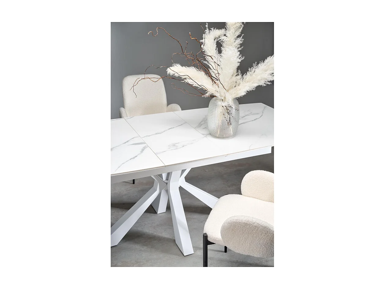 Mesa extensible contemporánea con tablero de aspecto mármol y pata central de diseño metálico blanco HORN