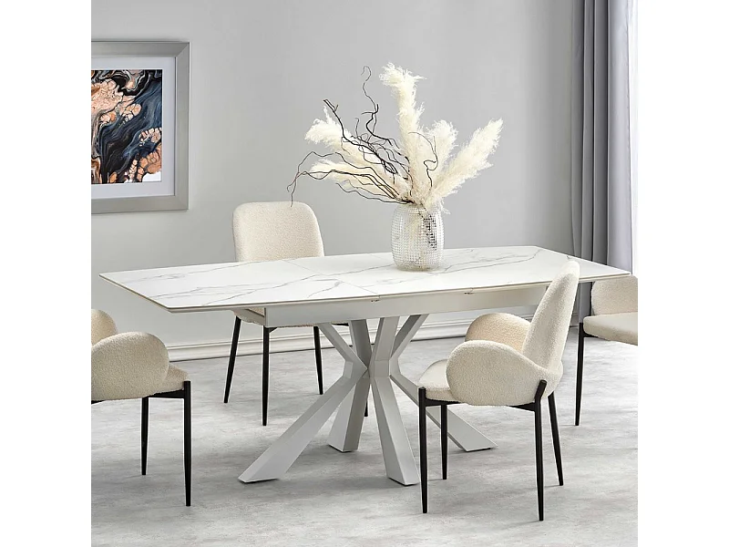 Mesa extensible contemporánea con tablero de aspecto mármol y pata central de diseño metálico blanco HORN