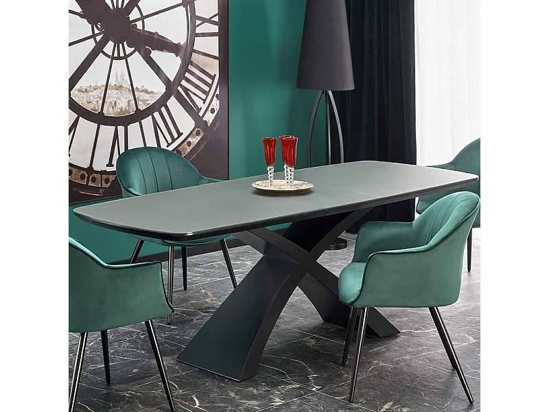 Mesa de comedor extensible con tablero gris oscuro y base central negra WOLF