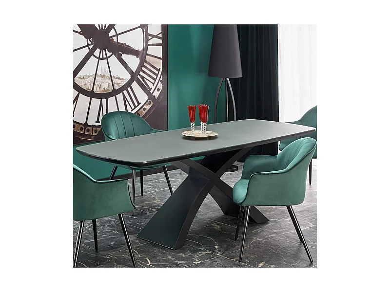 Table à manger extensible avec plateau gris foncé et piètement central noir WOLF