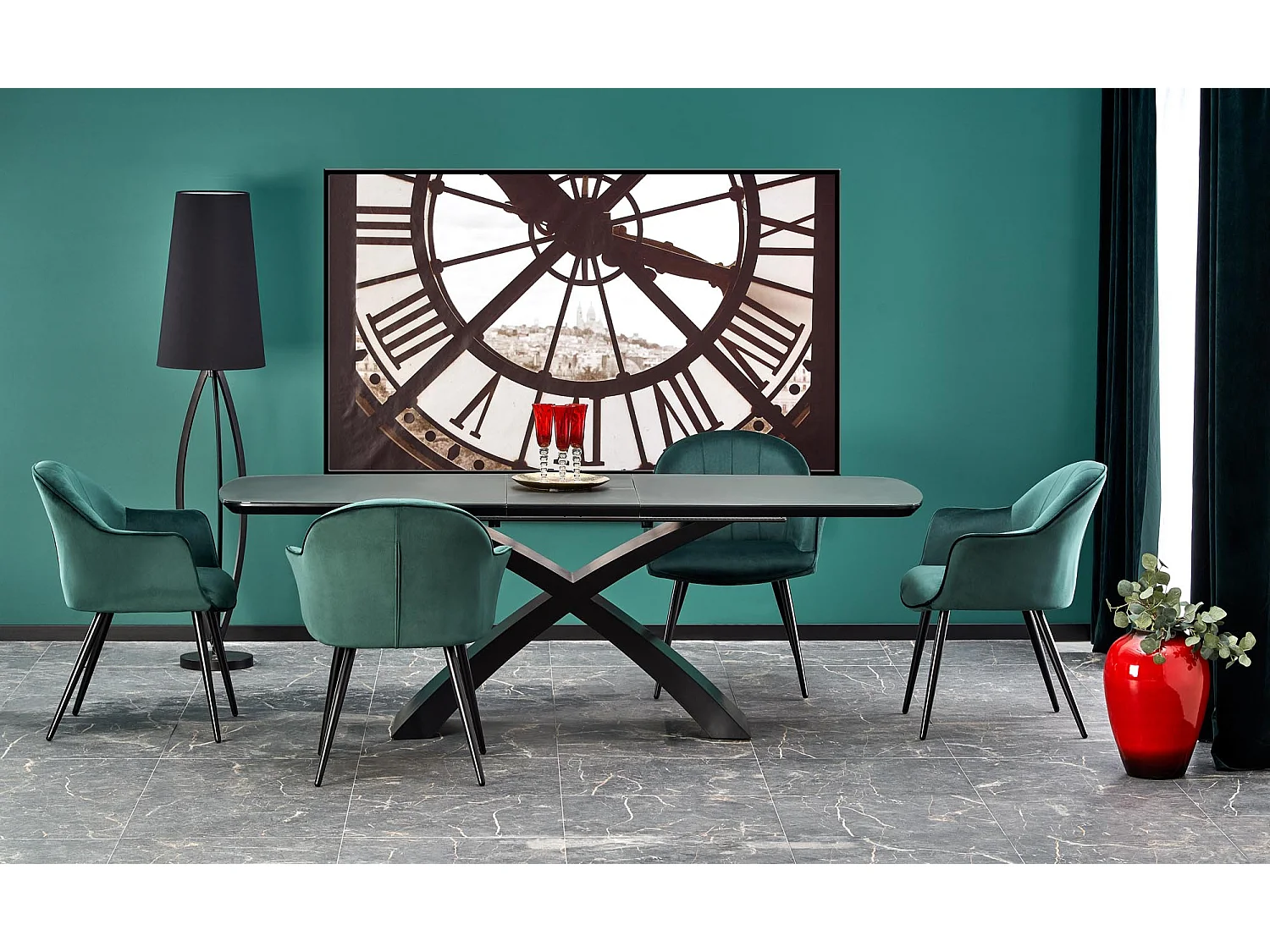 Table à manger extensible avec plateau gris foncé et piètement central noir WOLF