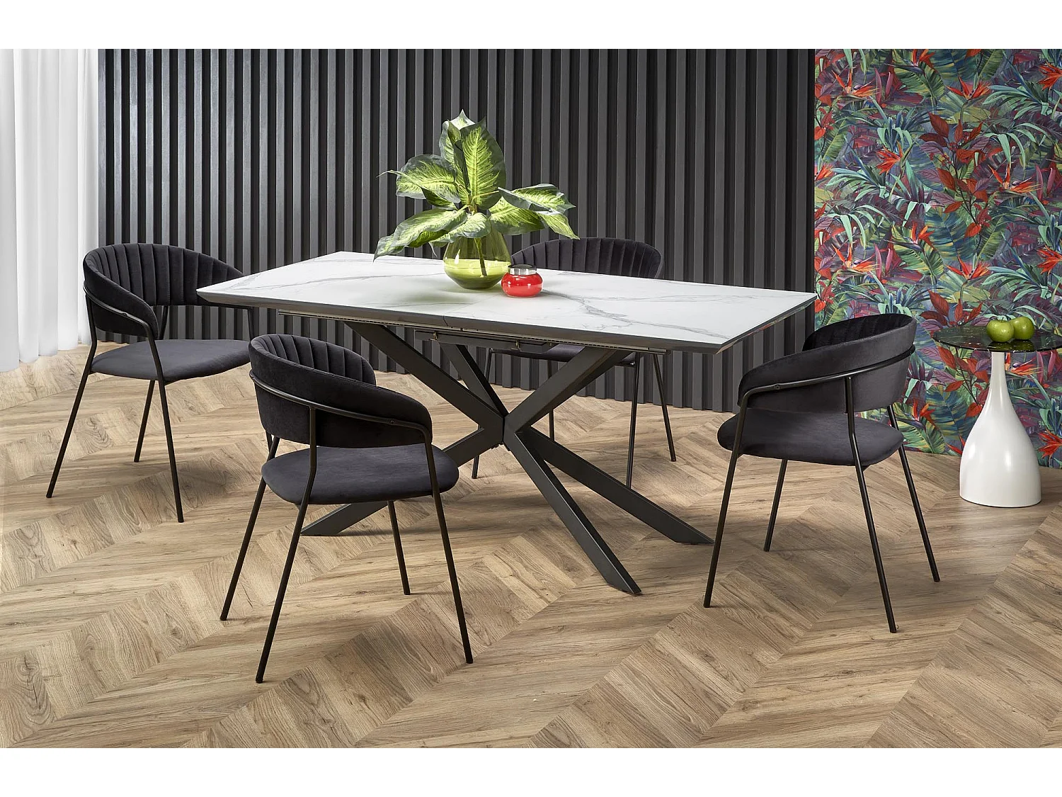 Tavolo da pranzo allungabile ODUNA con piano in marmo e gamba centrale in metallo nero