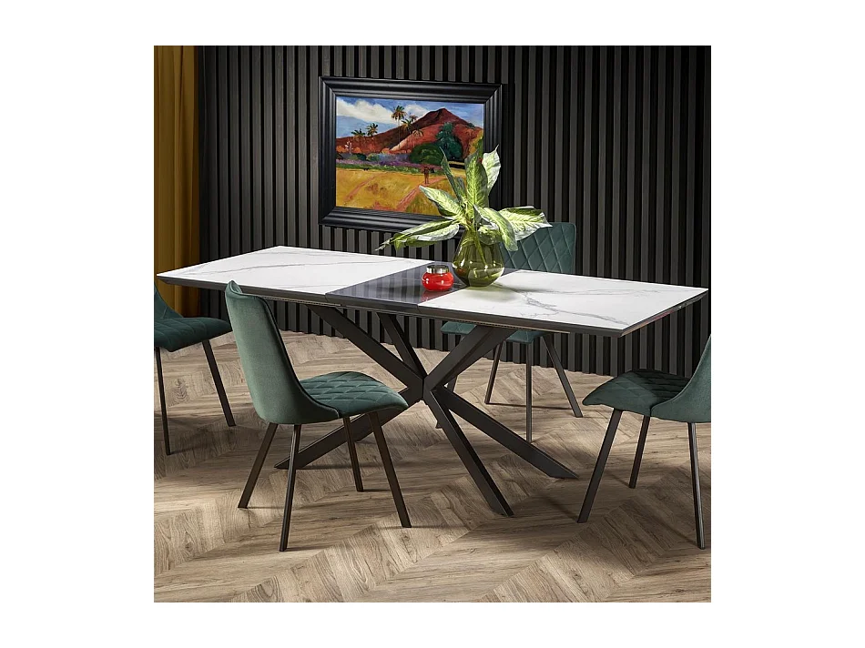 Table salle à manger extensible avec plateau aspect marbre et pied central en métal noir ODUNA