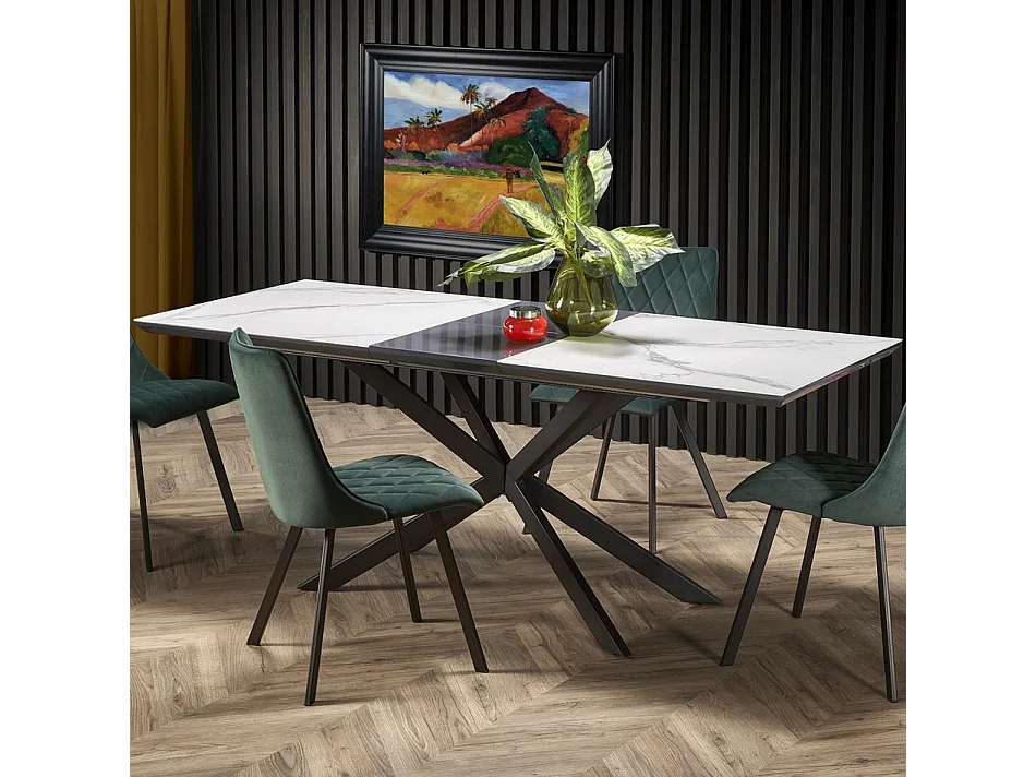 Table salle à manger extensible avec plateau aspect marbre et pied central en métal noir ODUNA