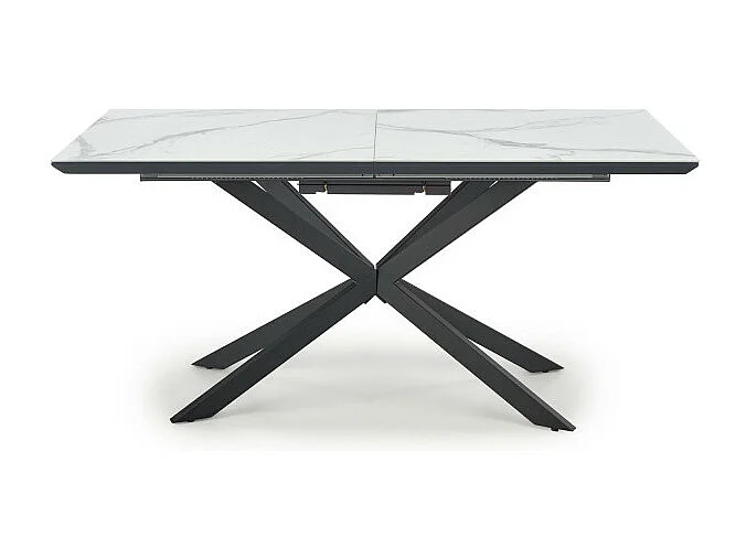 Table salle à manger extensible avec plateau aspect marbre et pied central en métal noir ODUNA