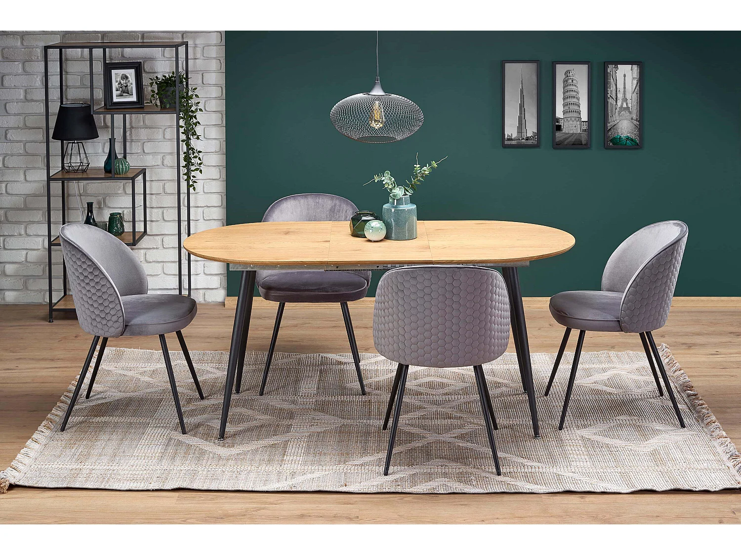 Atlanta Mesa de comedor extensible ovalada de 120-160 cm con tablero de aspecto roble y patas de acero negro