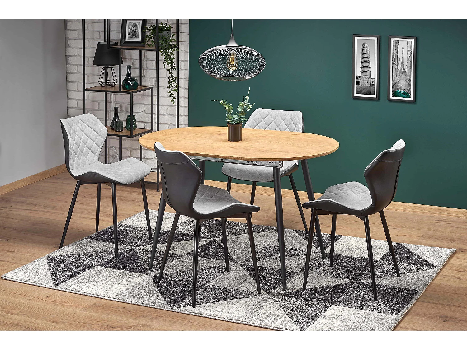 Atlanta Mesa de comedor extensible ovalada de 120-160 cm con tablero de aspecto roble y patas de acero negro