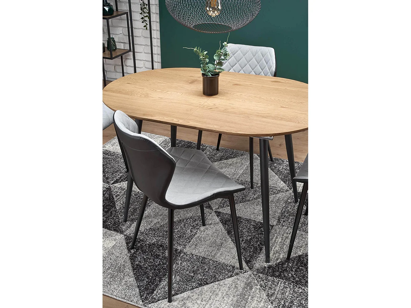 Table à manger extensible 120-160cm ovale avec plateau aspect chêne et pieds en acier noir Atlanta