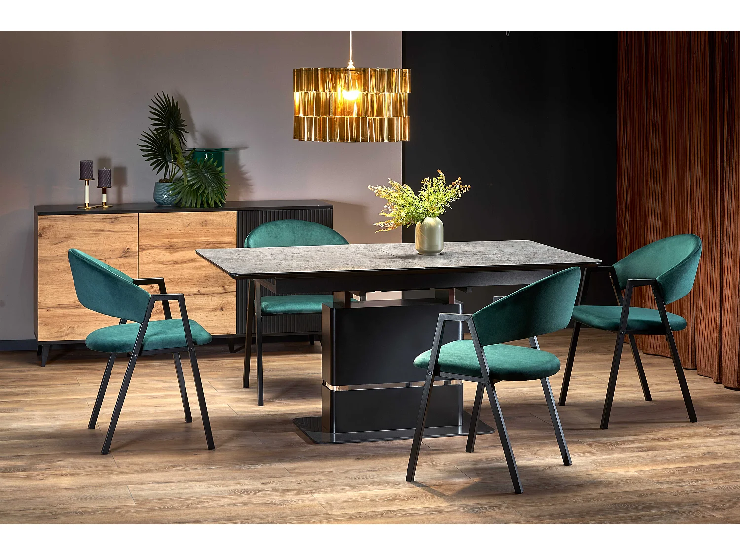 Table de salle à manger extensible avec pied central design noir et métal CORVI