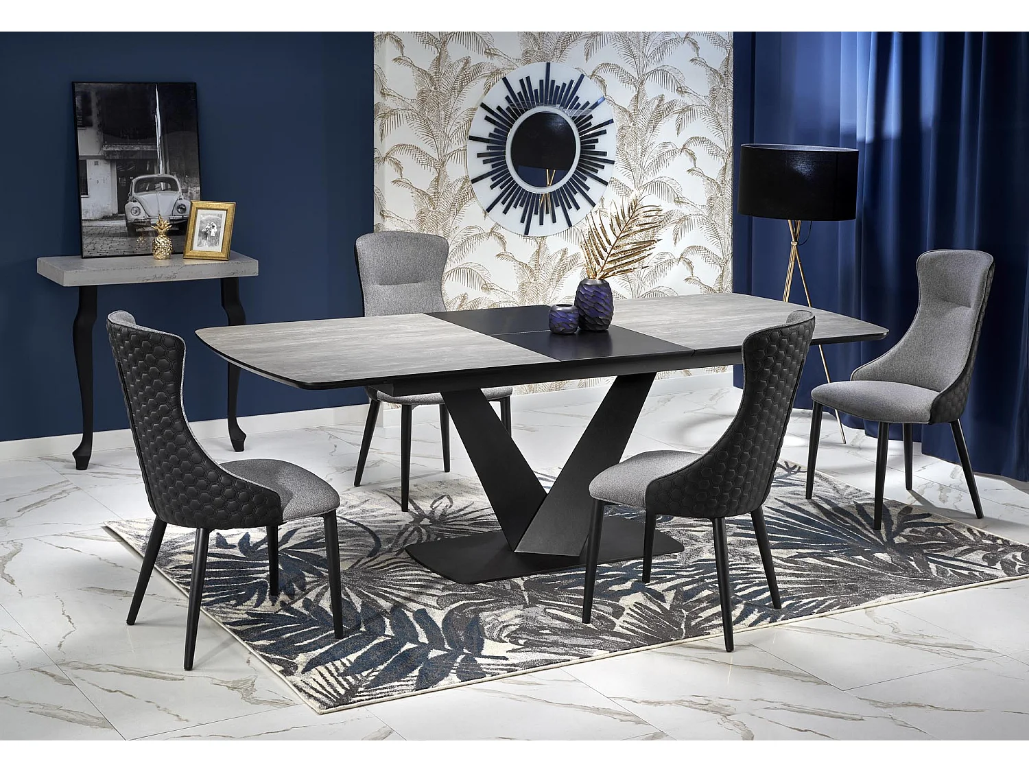 Mesa de comedor de diseño EPONA 180-230x95cm con pata central de metal negro