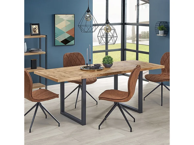 Mesa de comedor Mady 126-206cm con acabado en roble macizo y base de metal negro