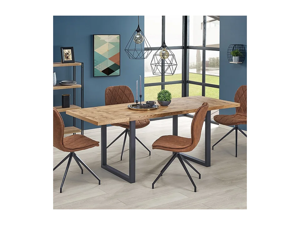 Table à manger 126-206cm avec finitions en chêne massif et piètement en métal noir Mady