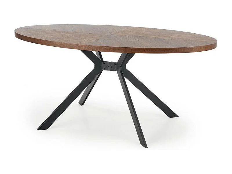 Table de salle à manger ovale avec plateau plaqué noyer et piètement design en métal noir BENDIS