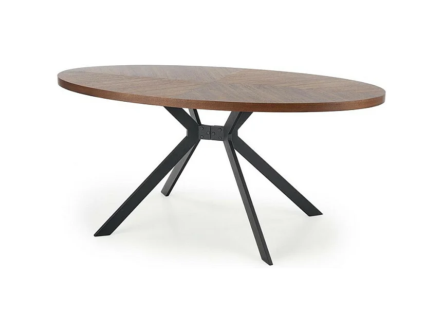 Table de salle à manger ovale avec plateau plaqué noyer et piètement design en métal noir BENDIS
