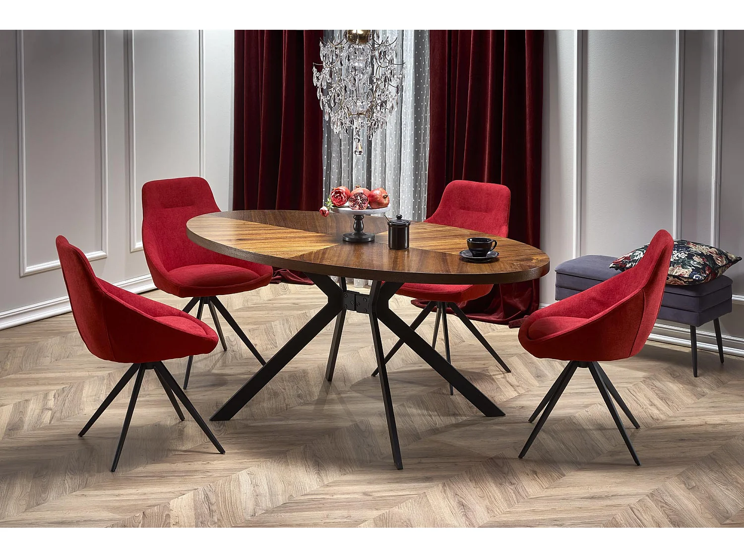Tavolo da pranzo ovale con piano impiallacciato in noce e base in metallo nero design BENDIS