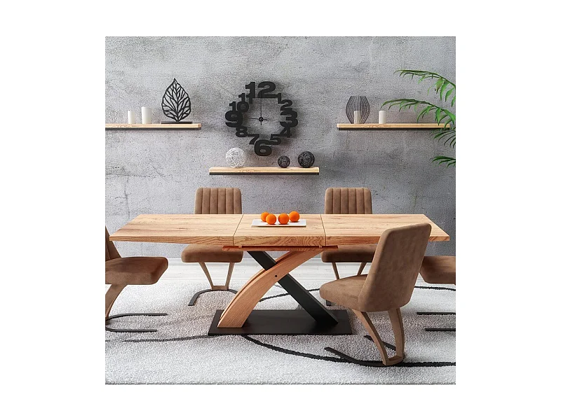 Table de salle à manger design avec rallonge intégrée aspect chêne doré et acier noir Millenium
