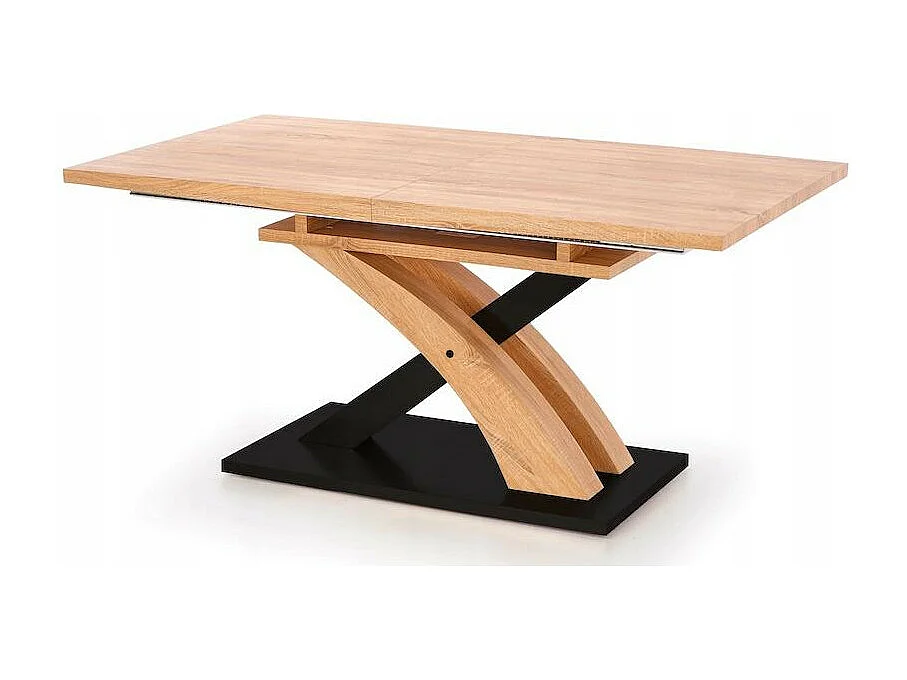 Table de salle à manger design avec rallonge intégrée aspect chêne doré et acier noir Millenium
