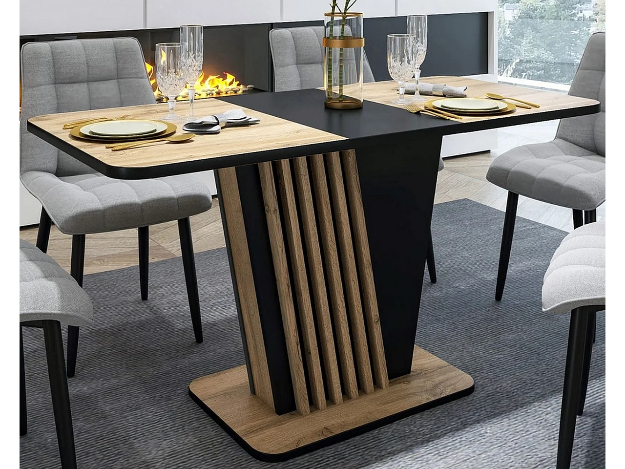 Table extensible 125-170 cm noire et aspect chêne avec pied design Helen