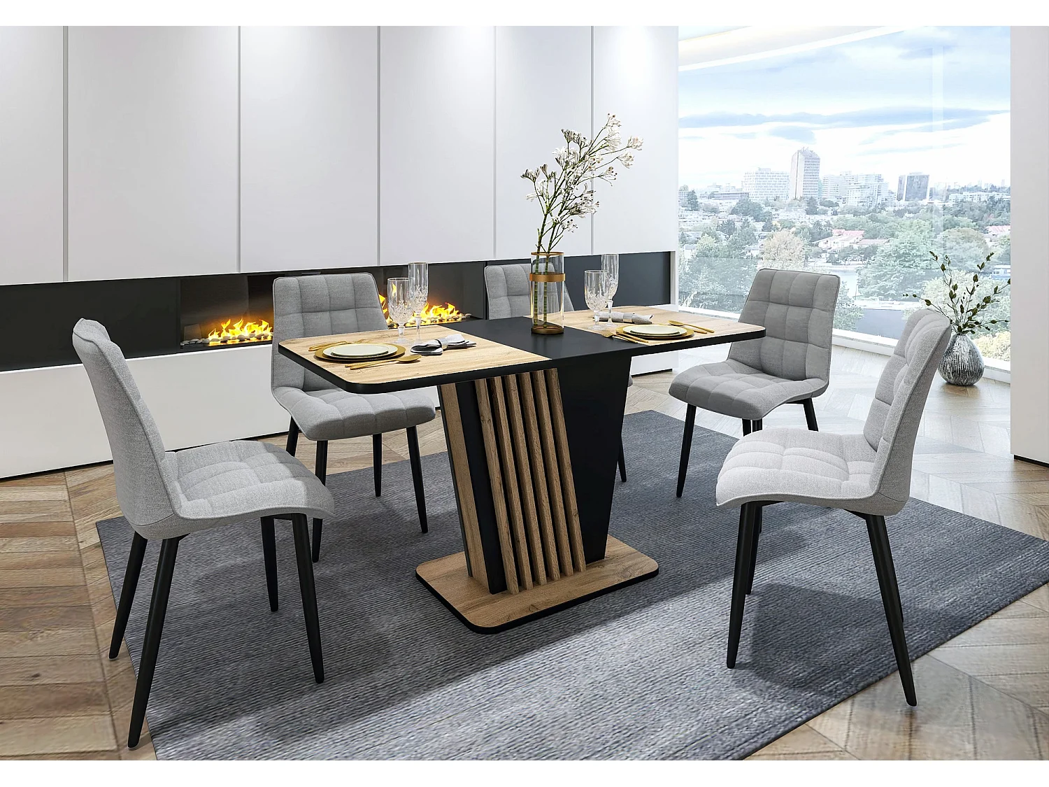 Table extensible 125-170 cm noire et aspect chêne avec pied design Helen
