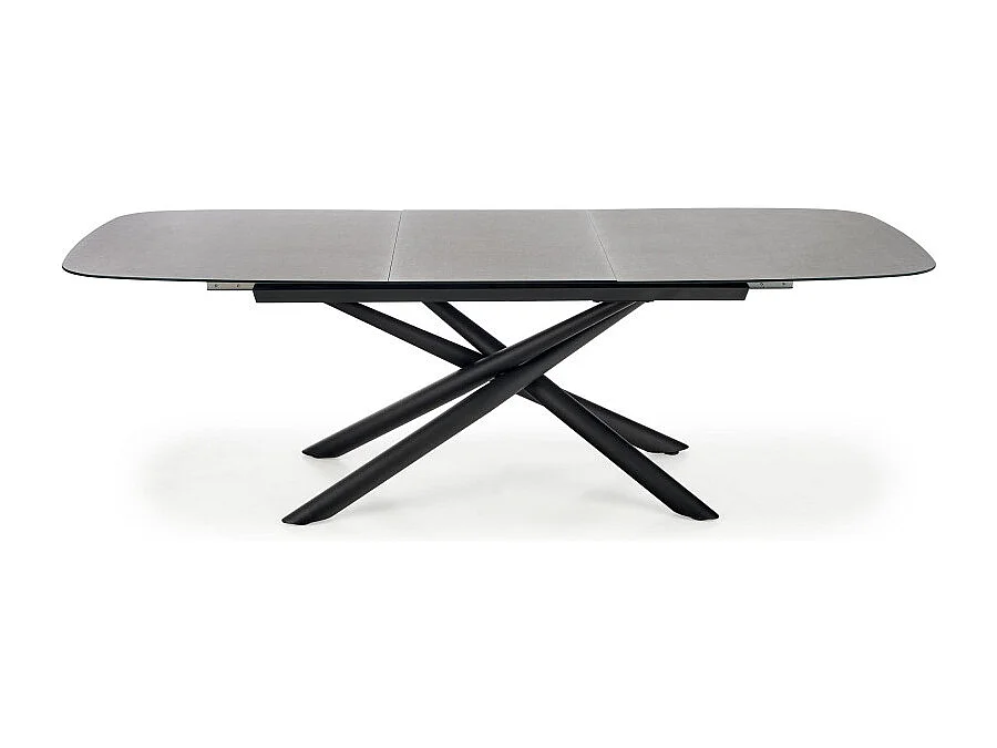 Tavolo da pranzo allungabile con piano in vetro grigio scuro e gamba centrale design Chambord in acciaio nero