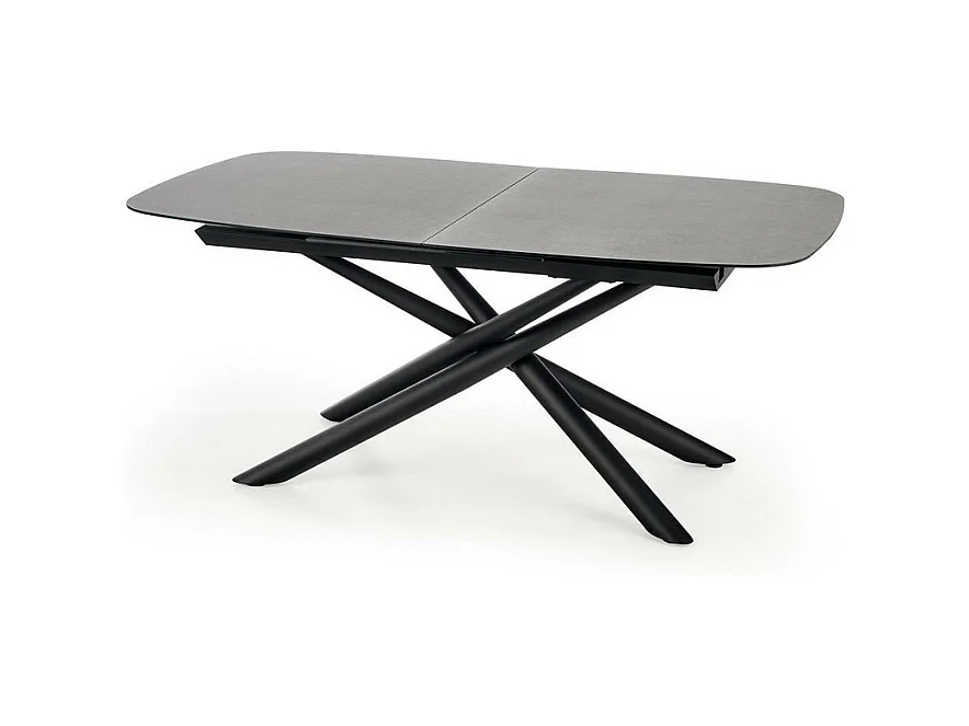 Table de salle à manger extensible avec plateau en verre gris foncé et pied central design en acier noir Chambord