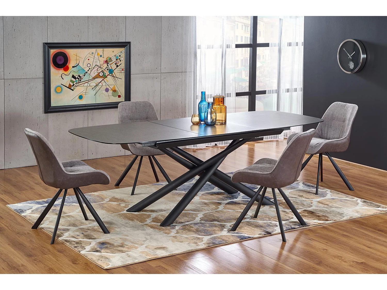 Table de salle à manger extensible avec plateau en verre gris foncé et pied central design en acier noir Chambord