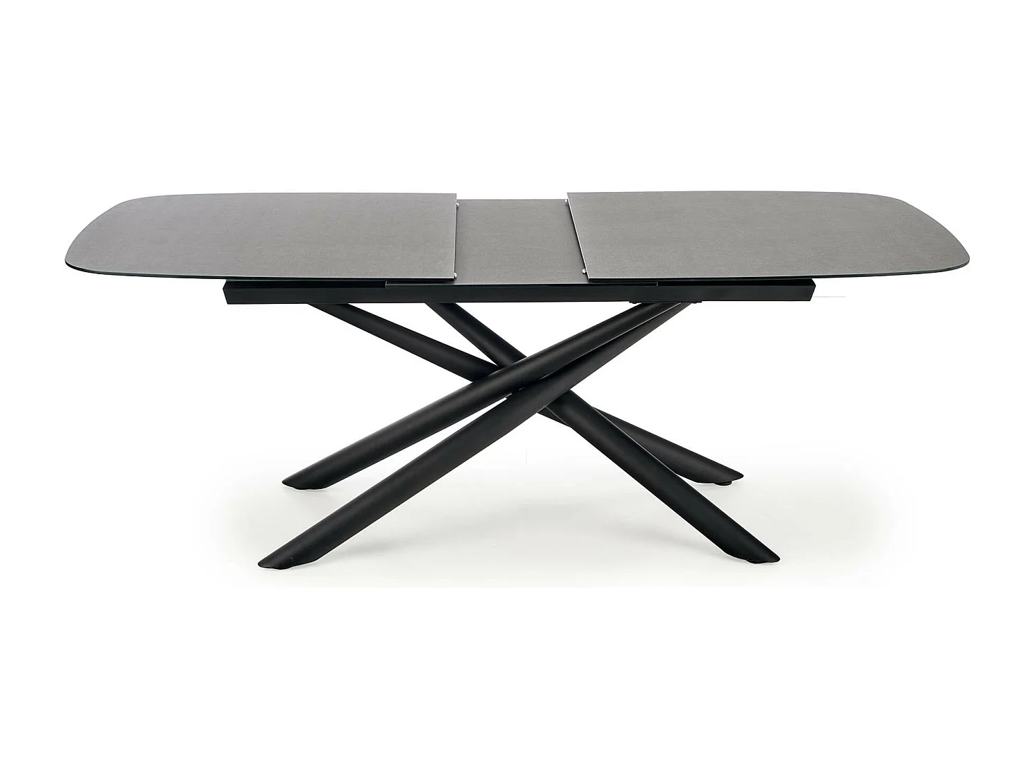 Table de salle à manger extensible avec plateau en verre gris foncé et pied central design en acier noir Chambord