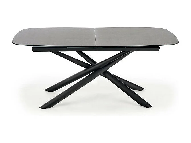 Table de salle à manger extensible avec plateau en verre gris foncé et pied central design en acier noir Chambord
