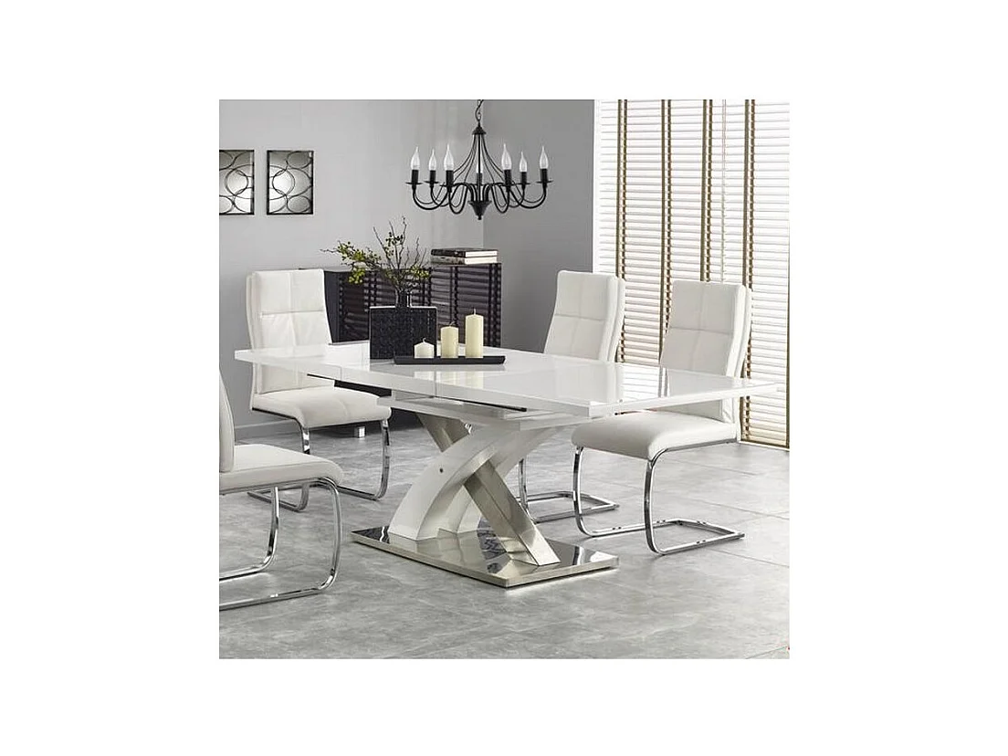 Table à manger design blanc laqué et verre avec rallonge Cleo