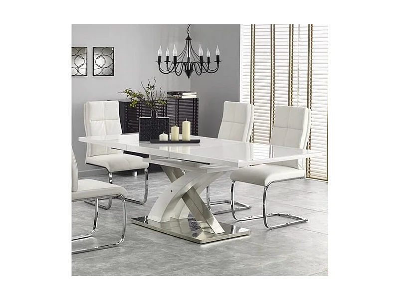 Table à manger design blanc laqué et verre avec rallonge Cleo