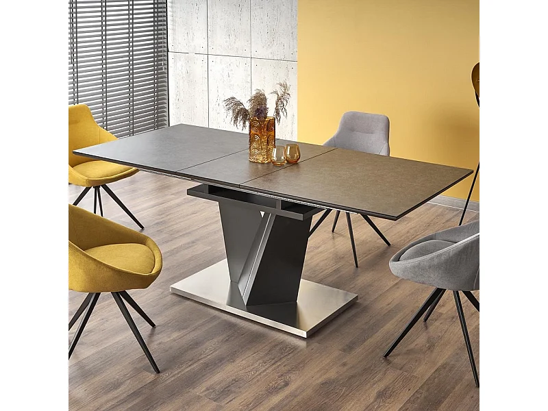 Tavolo da pranzo da 160-200 cm con piano in vetro e gamba centrale in metallo grigio MARICA