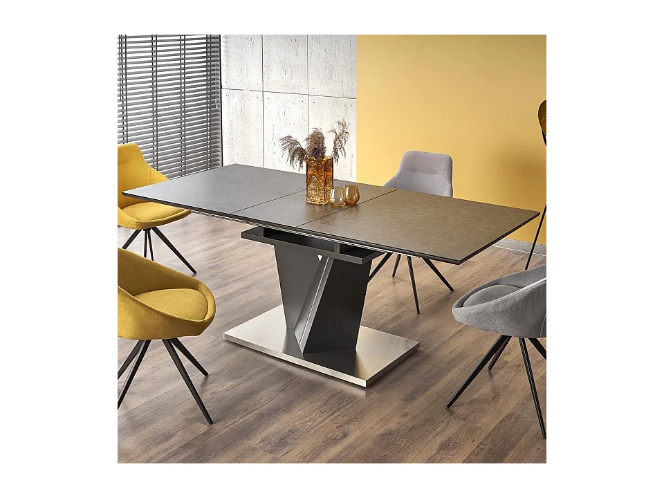 Table à manger 160-200cm avec plateau en verre et pied central en métal gris MARICA