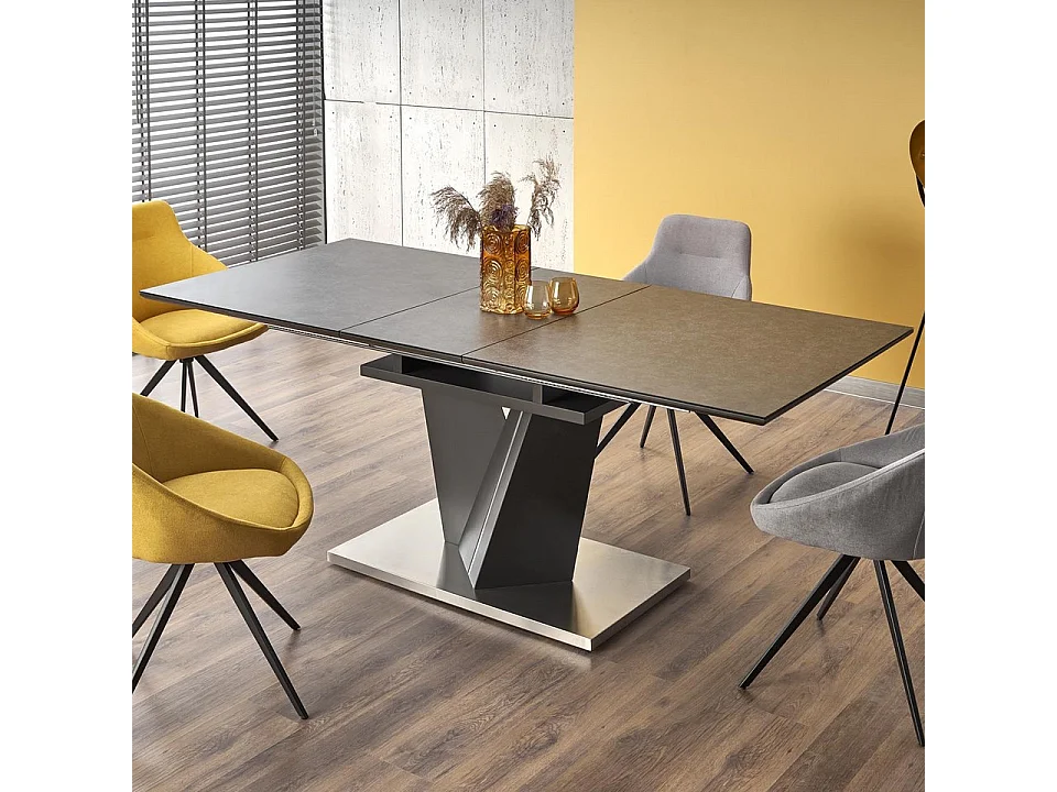 Table à manger 160-200cm avec plateau en verre et pied central en métal gris MARICA