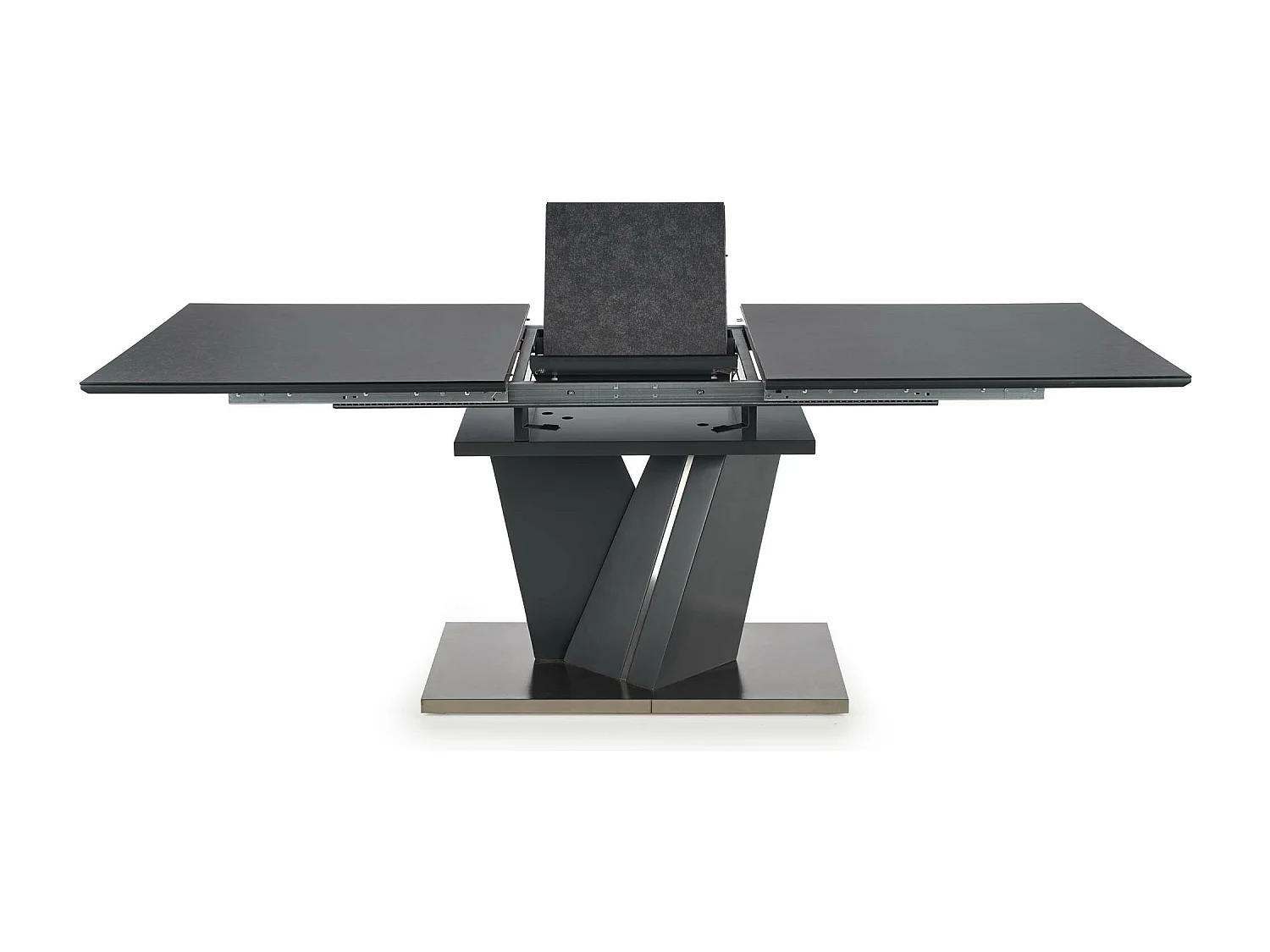 Table à manger 160-200cm avec plateau en verre et pied central en métal gris MARICA