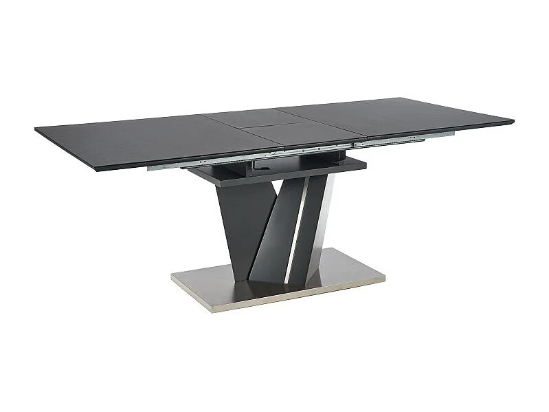 Table à manger 160-200cm avec plateau en verre et pied central en métal gris MARICA