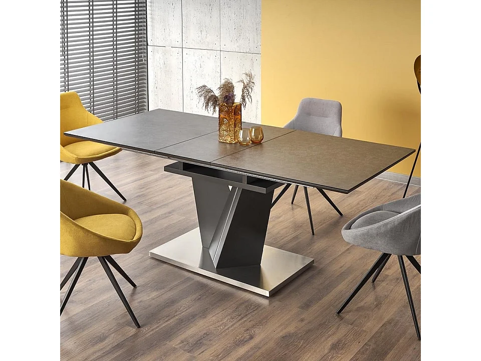 Table à manger 160-200cm avec plateau en verre et pied central en métal gris MARICA