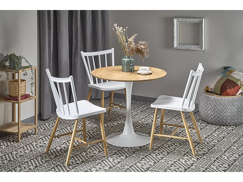 Mesa redonda escandinava de 80 cm con pata central de metal blanco Elyon