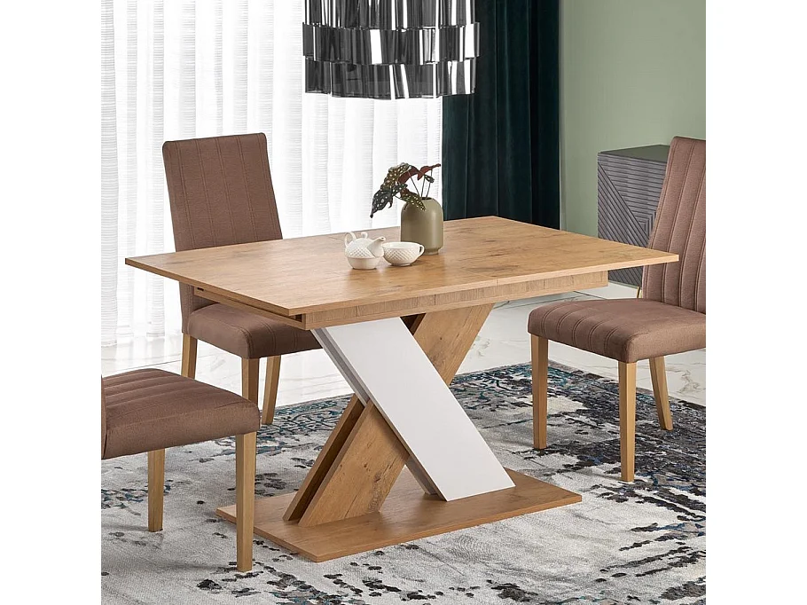 Mesa de comedor extensible APODIS blanca y roble