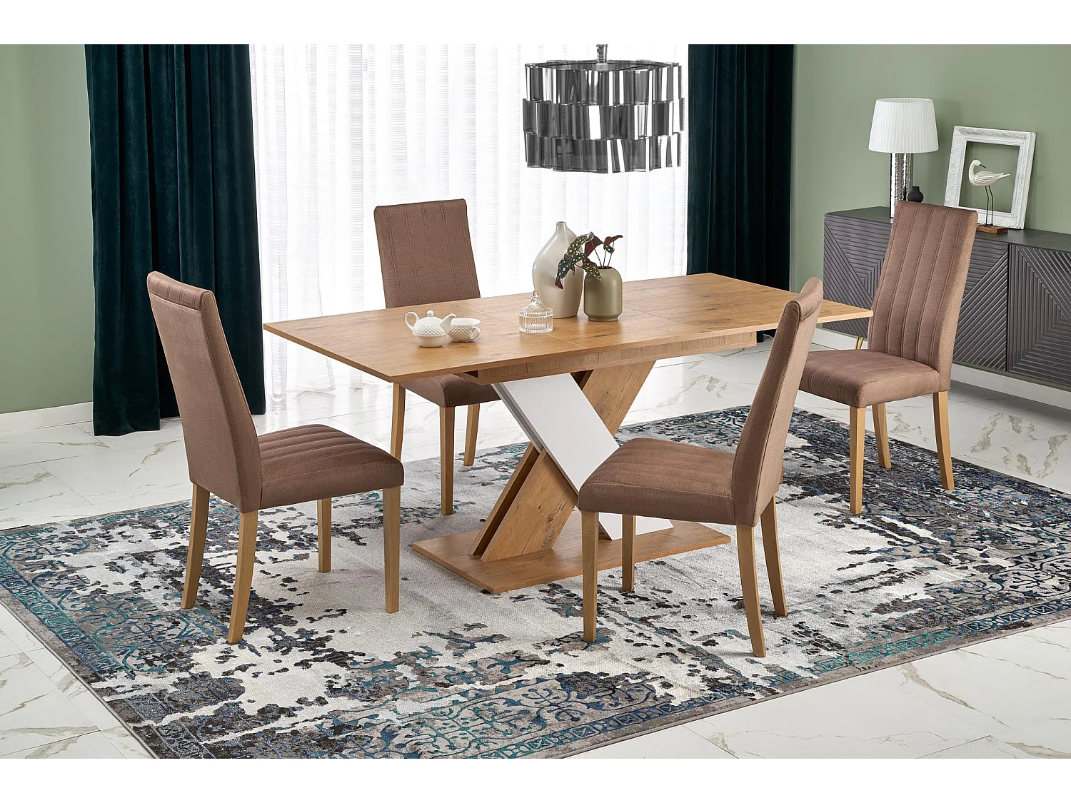 Mesa de comedor extensible APODIS blanca y roble