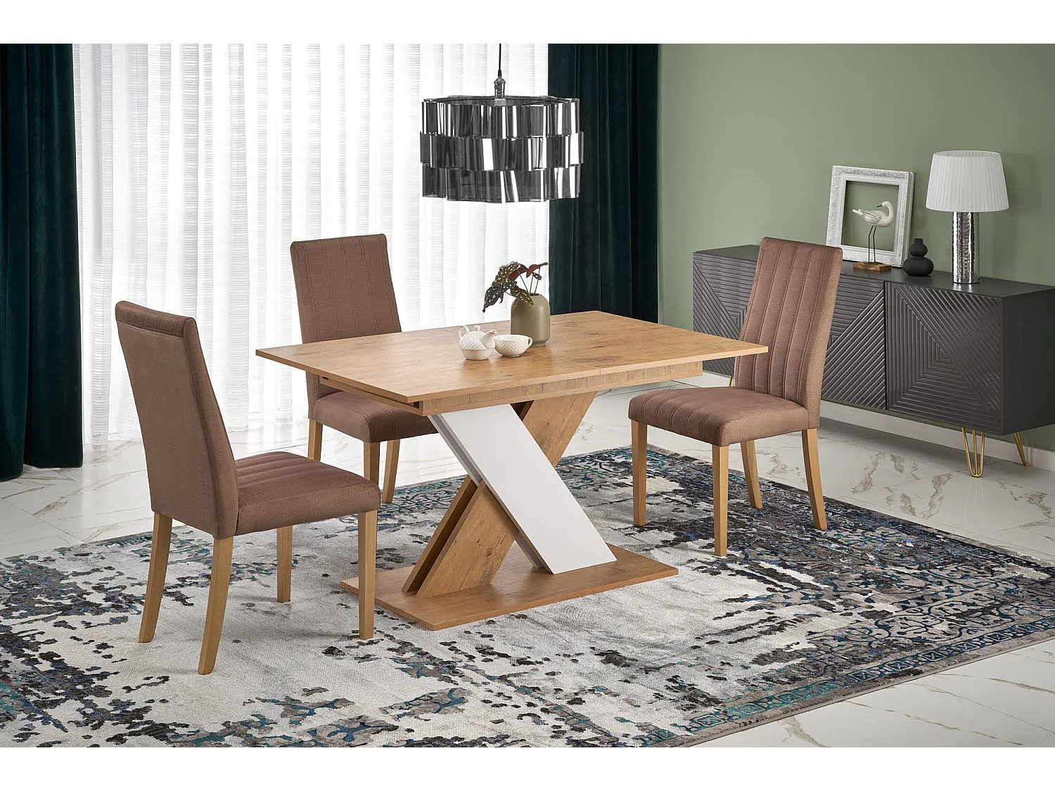 Mesa de comedor extensible APODIS blanca y roble