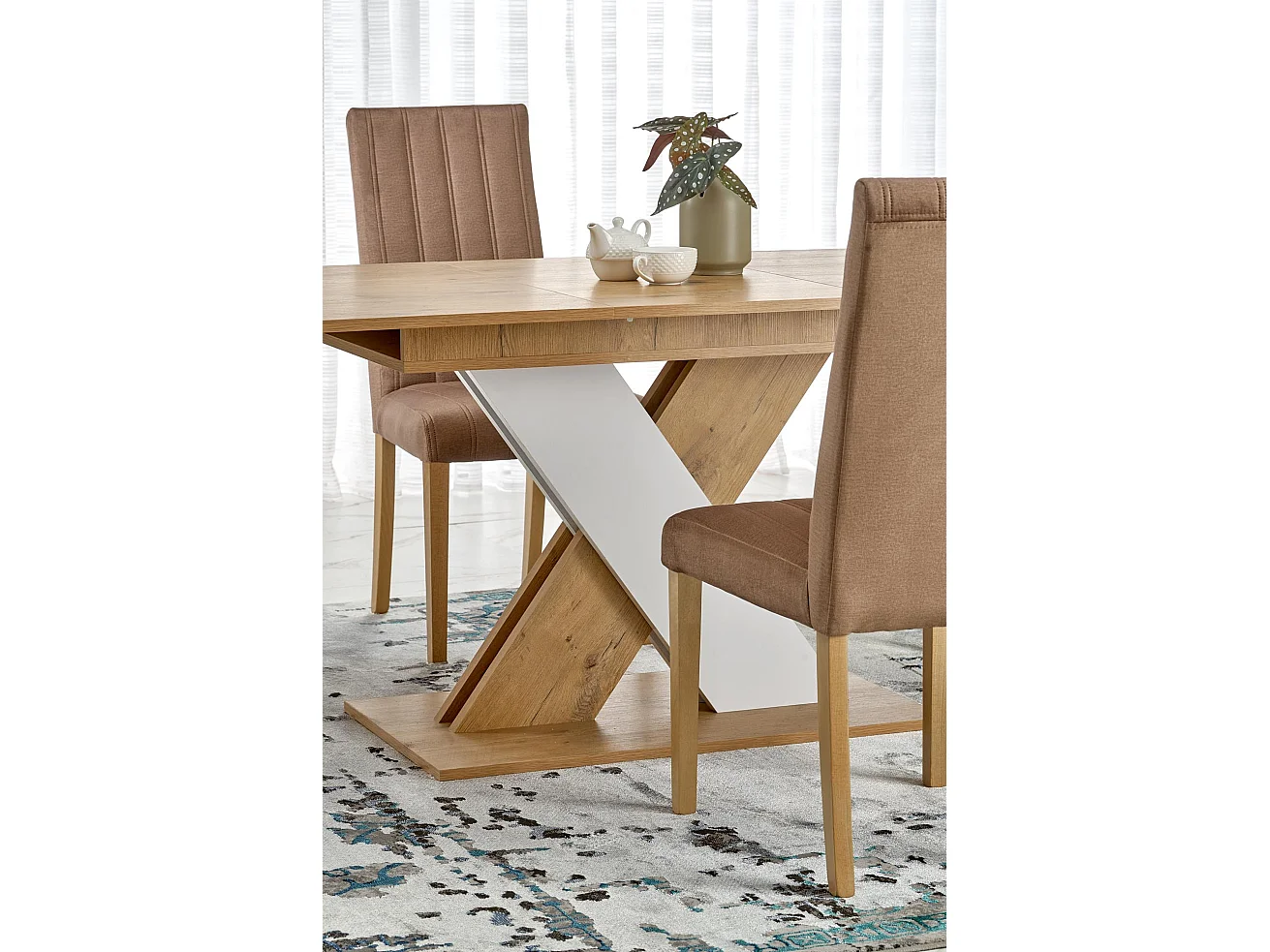 Mesa de comedor extensible APODIS blanca y roble