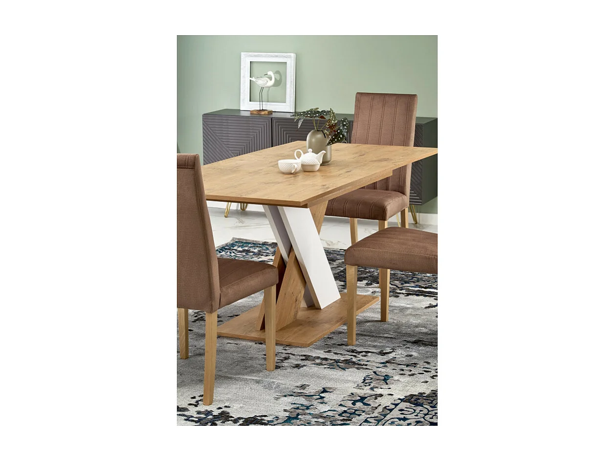 Mesa de comedor extensible APODIS blanca y roble