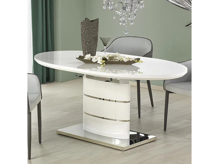 Table salle a manger ovale blanche laquée avec rallonge Ipson