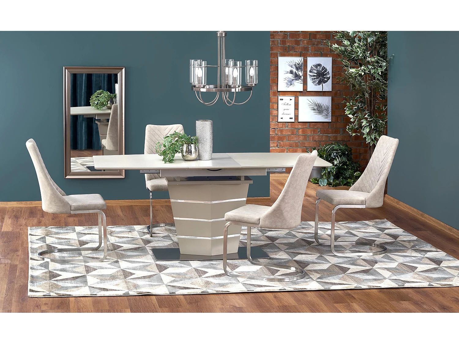 Table rectangulaire extensible champagne mat et acier Riviera