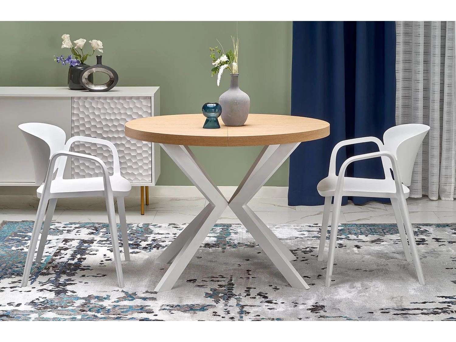 Mesa de comedor redonda extensible NORMA blanca y roble 100-250cm