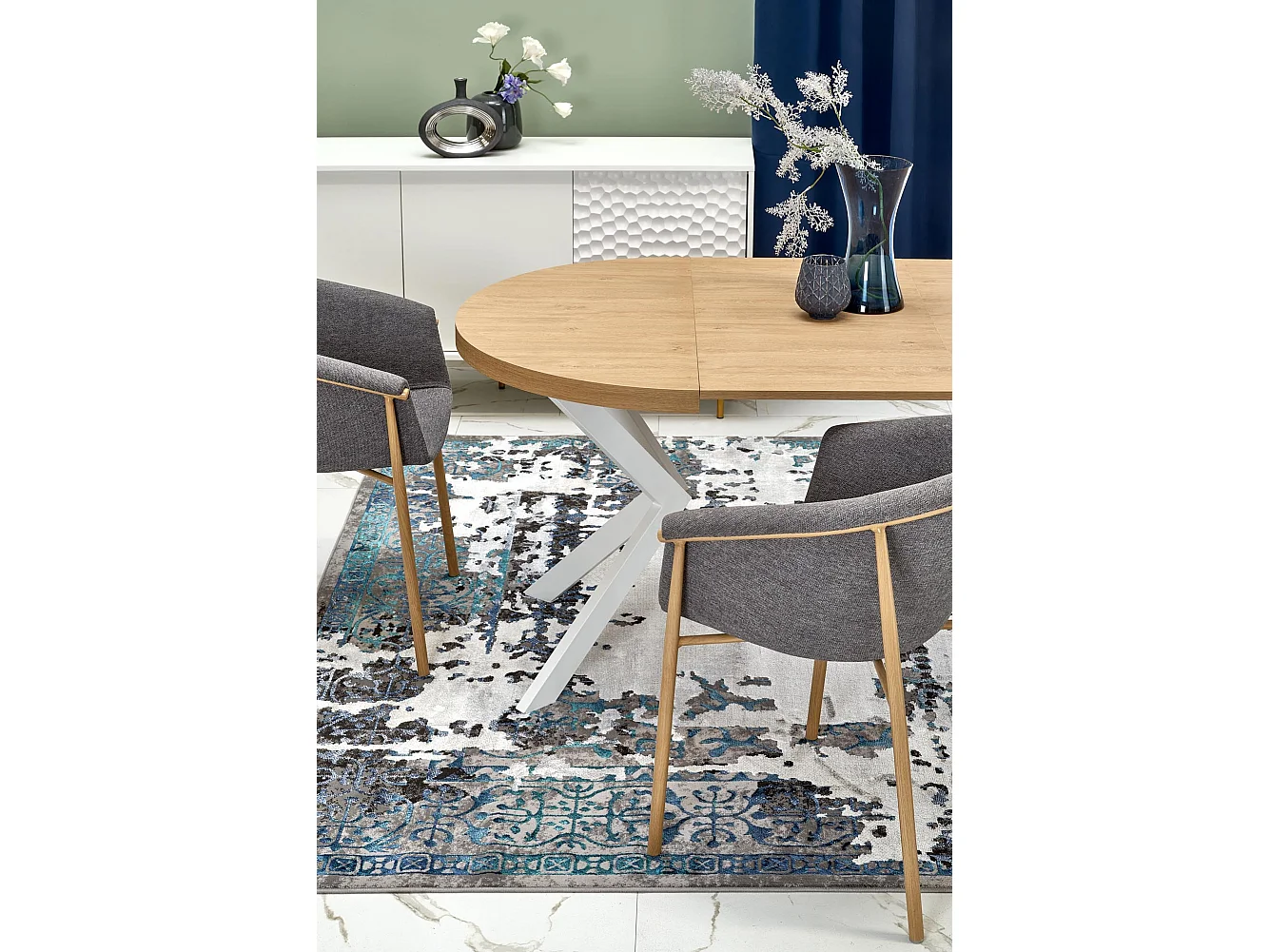 Mesa de comedor redonda extensible NORMA blanca y roble 100-250cm